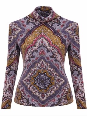 Free People Chase Me Top Wisteria Combo XS Boho Paisley Mock Neck Fitted Layer